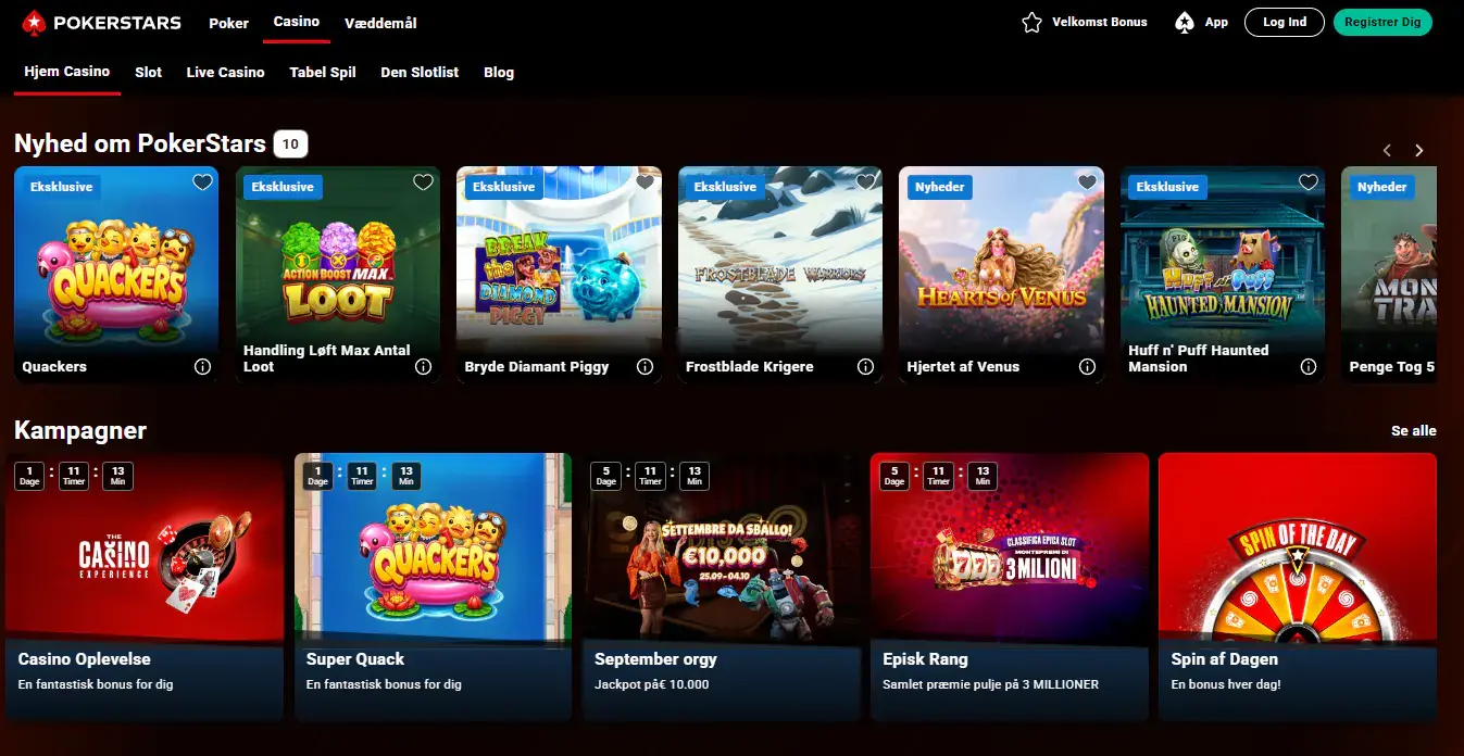 PokerStars Casino Danmark-lobby med synlige spilsektioner
